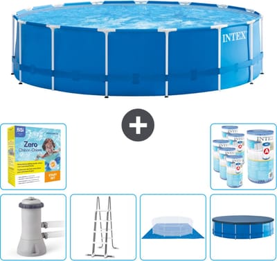 Intex Rond Frame Zwembad - 457 x 122 cm - Blauw - Inclusief Pomp - Ladder - Grondzeil - Afdekzeil Onderhoudspakket - Filters