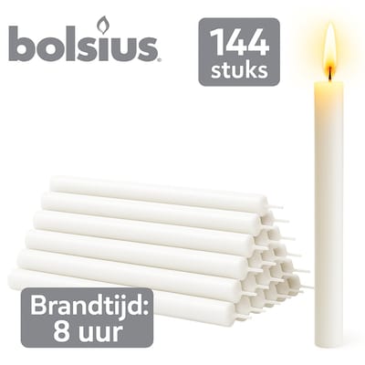 Bolsius - Set van 144 stuks - Dinnerkaarsen 180 × 22 mm – Wit – ± 8 uur brandtijd – Klassieke tafelkaarsen in bulkverpakking
