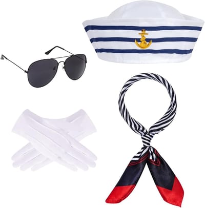 Blauw en Witte Gestreepte Zeeman Kostuum Set met Verstelbare Hoed, Sjaal, Witte Handschoenen en Zonnebril voor Themafeesten, Cosplay en Carnaval