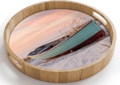 Dienblad rond 40x40 cm - Schootdienblad hout - Rustiek - Roeiboot - Zandstrand - Borrelplank rechthoek - Plateau houten dienbladen