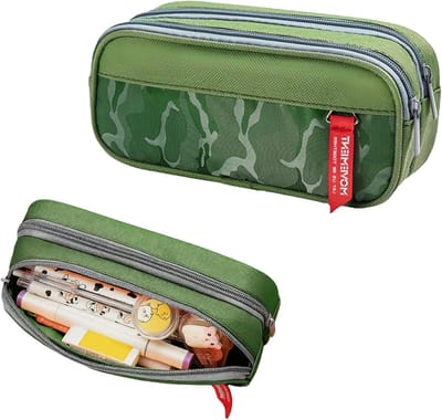Pennenetui met 3 Compartimenten, Ruime Etui voor School, Kantoor en Reizen, Olijfgroen, 21.5 x 9.5 x 8 cm, Geschikt voor Jongeren en Volwassenen