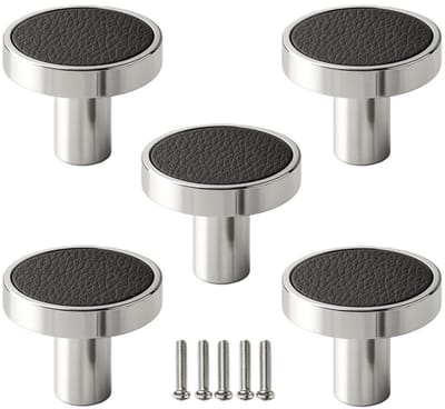 5 X MSQDESIGN - Kastknop zilver zwart (Metaal) - Leer Kastknop zilver- Leer Deurknoppen zilver voor kasten - Deurknopjes zilver- Kastknoppen zilver- handgreep - meubelknoppen - Leer Meubelknoppen zilver- Meubelbeslag zilver- deurknop zilver
