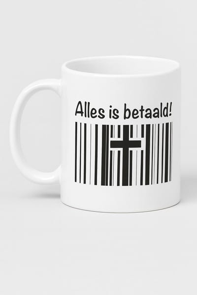 Mok - Christelijke mok – Alles is betaald – Kruis mok – Barcode - Kruis – Geloof - Cadeau – Christelijk cadeau – Bijbelse mok – Pasen gift – Verlossing – Genade – Religieuze mok – Koffiemok Christelijk – Geloofsproduct – Christelijke beker -