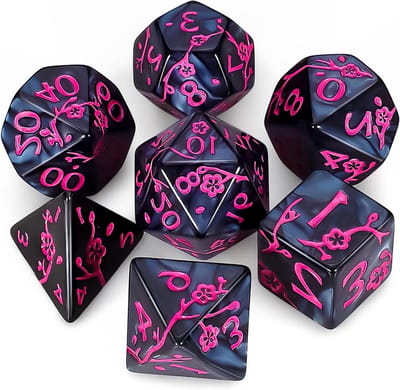 Veelvlakkige Dobbelstenen - RPG Set - Rollenspellen Spelen - Goed Uitgebalanceerd - 7 Stuks - Zwart Roze