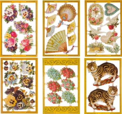 Poëzieplaatjes - 6 vellen - Katten - Viooltjes - Hartjes - Poezen - Waaiers - Boeketten - Bloemen - Poëziealbum - hobby - creatief - bulletjournaal - vriendenboek - dagboek - decoupage - knutselen - scrapbook