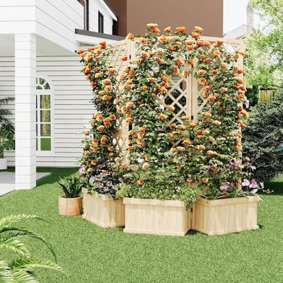 Houten Privacy Scherm met Plantenbak - 3-Delig Tuinscherm Opklapbaar - 158 x 25 x 165 cm - Cederhout - Mobiele Roomdivider & Klimplantenrek met Afwateringsgaten - Voor Tuin, Balkon en Terras - Naturel