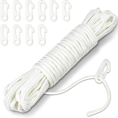 SnelShoppen - 15m Vlaggenmast Touw met 10 Stuks Vlaggenmast Klemmen, 6mm Dikke Nylon Vlaggen Touw Set voor Buiten, Tuin, Kamperen (Wit)