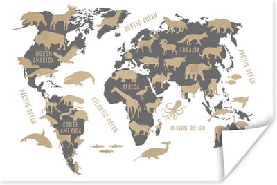 Poster 30x20 cm - Wereldkaart - Grijs - Dieren - Posters - Kamer decoratie - Wanddecoratie woonkamer - Muurdecoratie slaapkamer