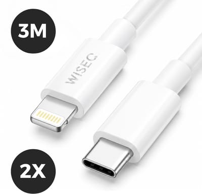 Lightning naar USB C 3m dubbele laadkabel set - fast charge USB C Lightning oplaadkabel 2 pack - geschikt voor iPhone, iPad en AirPods - wit - WiseQ