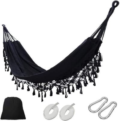Handgemaakte hangmat met franjes voor binnen en buiten - macramé, biologisch katoen, opvouwbaar, ideaal voor camping en terras