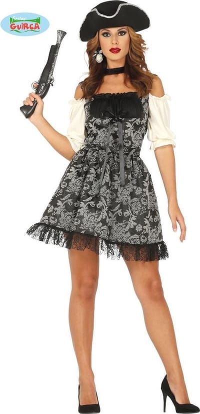 Guirca - Piraat & Viking Kostuum - Succesvolle Rijke Victoriaanse Pirate - Vrouw - zwart,grijs - Maat 42-44 - Carnavalskleding - Verkleedkleding