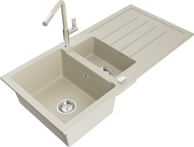Mexen Andres granieten spoelbak met 1,5 kamers, afdruiprek en Flora keukenmengkraan, beige - 6515-69-670401-09