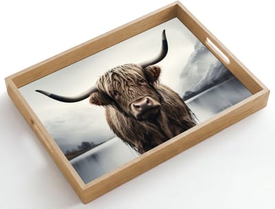 Dienblad hout 50x35 cm - Schootdienblad - Schotse hooglander - Water - Nat - Borrelplank rechthoek - Plateau dienbladen