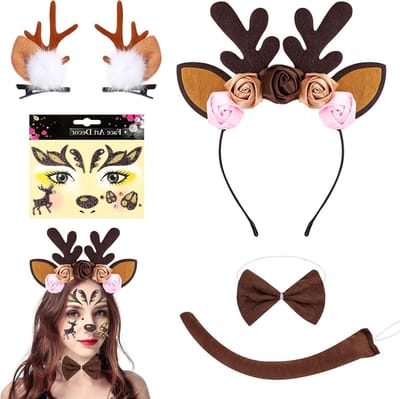 Vrouwelijk rendier kostuum met 5 delen, inclusief hoed, haarspelden, staart, strik en gezichtstickers voor carnaval en masquerade feestjes