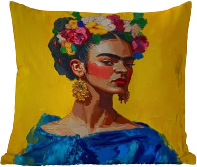 Sierkussen Buiten - Frida Kahlo - Vrouw - Geel - Blauw - Bloemen - 60x60 cm - Weerbestendig