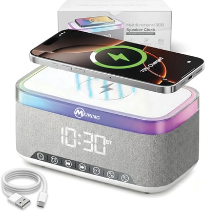 Muring Digitale Wekkerradio – Digitale Klok Slaapkamer – 15 W Draadloos opladen - Speaker met bluetooth - 13 Lichtstanden - Lichtwekker – Wekker voor kinderen & volwassenen – Netstroom – Alarmklok – Wit