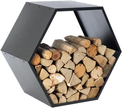 Brandhoutrek - Haardhout Opslag - Buitenhaard Accessoire - Modern honingraat design - 88x45x77 cm - Zwart