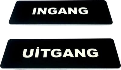 Deurbordje set van 2 - Ingang & uitgang - 150 x 50 mm (incl. dubbelzijdige tape) - zwart / wit | Geborstelde RVS-look toplaag | Gratis Verzending
