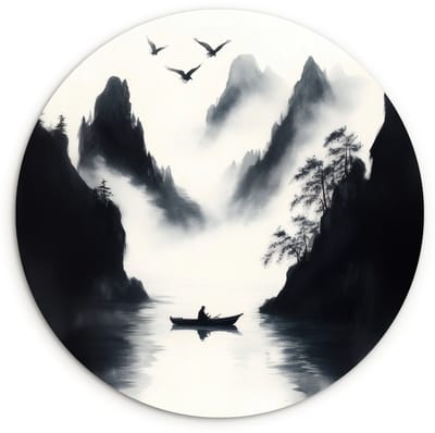 WallCircle® Wandcirkel 120x120 cm - Muurcirkel Roeiboot - Mistig - Bergen - Vogels - Muurdecoratie woonkamer - Wanddecoratie slaapkamer - Kamer decoratie accessoires - Ronde schilderijen XXL