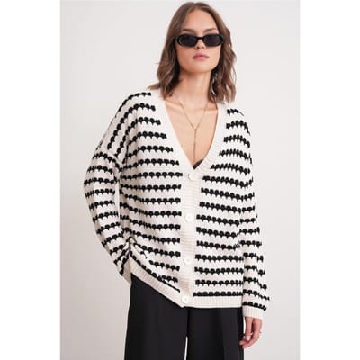 Gestreepte Knop Cardigan met Oversized Ribs