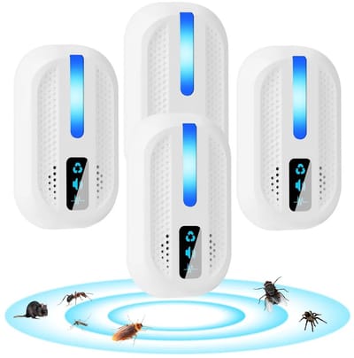 Deze 4-delige set ultrasone insectenverdelgers kan ongedierte, ratten en insecten afweren en muggen en andere insecten binnenshuis buiten houden.