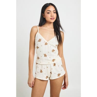 boohoo Dames Berenmotief Pointelle Pyjama Set Met Kanten Rand En Topje & Short | Creme | Maat: 42
