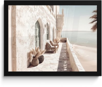 Poster in lijst - Fotolijst 40x30 cm - Posters - Terras - Stoelen - Strand - Beige - Posterlijst zwart - Decoratie - Wanddecoratie woonkamer - Muurdecoratie slaapkamer