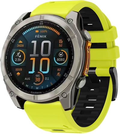 Stravo Dubbelkleurige Siliconen bandje in Fenix 8 Stijl voor Garmin Fenix 5s - Plus & Sapphire - Fenix 6s - Pro & Sapphire - Garmin Fenix 7s / Fenix 8 - 43mm - Quickfit 20 / 20mm band voor Garmin smartwatches - Horlogebandje - Geelgroen/Zwart