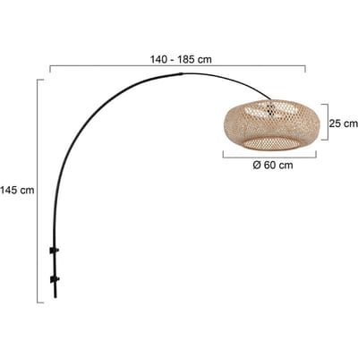 Zwarte boog wandlamp 4404ZW met naturel bamboe kap K2000HS, 60 cm, trendy stijl, metaal en bamboe, Steinhauer, binnen gebruik