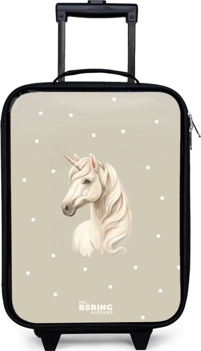 NoBoringSuitcases.com® - Kinderkoffer jongen - Kindertrolley meisje - Eenhoorn omringd door stippen in neutrale kleuren - Koffer kind lichtgewicht - Reiskoffer trolley voor kinderen - Koffertje met lichtgevende wieltjes - Rolkoffer zwart