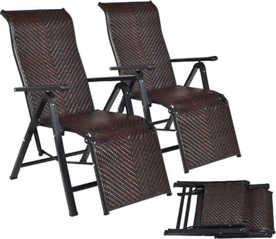 KOMFOTTEU Set van 2 inklapbare polyrotan ligstoelen met armleuningen, ligstoel met verstelbare rugleuning, klapstoel voor stoelen en ligstoelen, klapstoel voor tuin en balkon, bruin