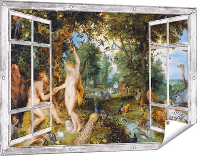 Gards Tuinposter Doorkijk Het Aardse Paradijs met de Zondeval van Adam en Eva - Jan Brueghel - 120x80 cm - Tuindoek - Tuindecoratie - Wanddecoratie buiten - Tuinschilderij