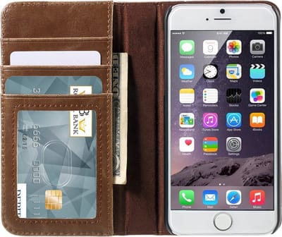 Peachy Lederen boek Bookcase hoesje Boek geschikt voor iPhone 6 Plus 6s Plus bruin kunstleer