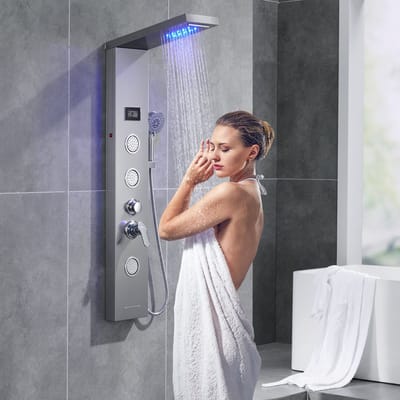 Auralum max Douchepaneel met Massage - 5-in-1 Regendouche - Douchepaneel LED RVS met massagejets - Luxe Waterval Douche - Opbouw - Doucheset - Airjets - met LCD display en handdouche 3 functies - Zilver