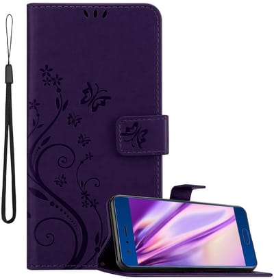 Cadorabo Hoesje geschikt voor Honor 9 in BLOEMEN DONKER PAARS - Beschermhoes in bloemmotief met magnetische sluiting, standfunctie en kaartsleuven Book Case Cover Etui