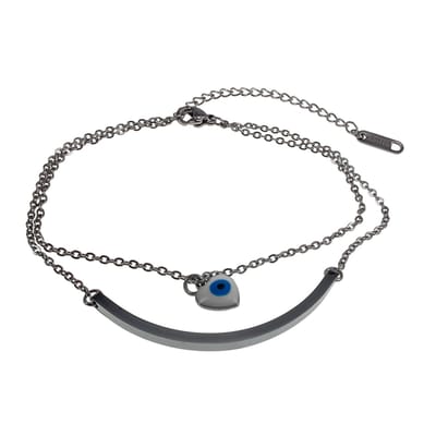 Dubbele Armband Dames, Armband met Gebogen Plaat en Turks Oog, Roestvrij Staal - Verstelbaar 16 - 19 cm