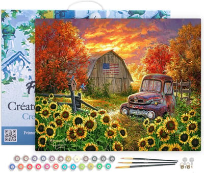 Figured'Art Schilderen op Nummer Volwassenen met lijst - Zonnebloemen voor de schuur - Handwerk acrylverf Kit DIY Compleet - 40x50cm Canvas al ingelijst