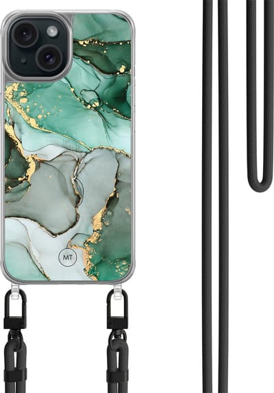 Hoesje met koord geschikt voor iPhone 15 - Marble Design - Inclusief zwart koord - Crossbody beschermhoes - Transparant, Grijs, Groen - Mooie Telefoonhoesjes
