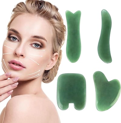 Set van 4 Gua Sha Massage Gereedschappen van Groene Aventurijn voor Gezichts- en Lichaamsverzorging, Anti-Aging en Trigger Point Behandeling met Handleiding voor Spierontspanning