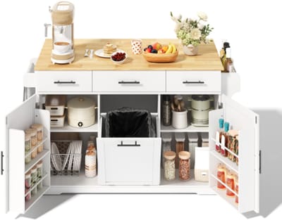 Mobiel Keukeneiland Met Opklapbaar Werkblad-Keukenwagen Op Wielen Met 3 Grote Lades-Verborgen Afvalkast-136 x 75 x 92 cm-Wit Naturel