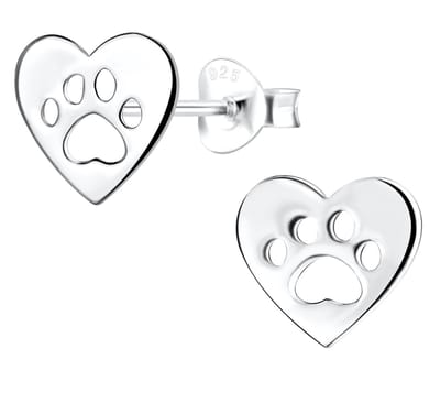 Joy|S - Zilveren hartje oorbellen met dierenpoot - 8 x 9 mm - zilver - kat hond poot afdruk