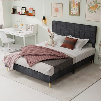 MODENUIT Gestoffeerd bed 160x200cm – Geruit hoofdbord – Houten poten – Tweepersoonsbed – Fluweel – Zonder matras – Grijs