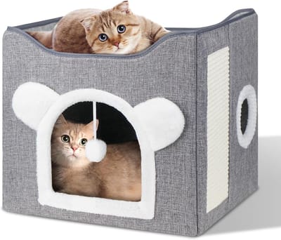 Famanu – kattenhuis voor binnen, Opvouwbaar Kattenbed met 2 zachte wasbare kussens, hangende bal, krabplank, Kattenmand voor de winter met gezellig kussen, 40 x 40 x 39 cm [Energieklasse A]