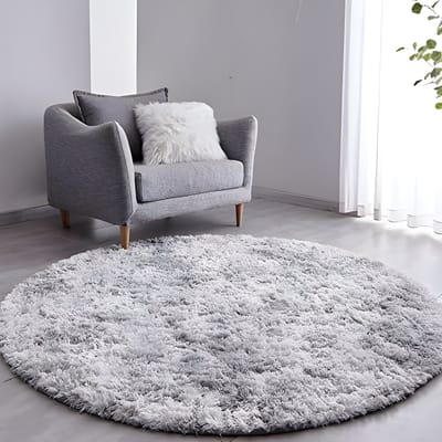Hoogpolig Vloerkleed, Woonkamer Tapijt 150 cm rond, lichtgrijs