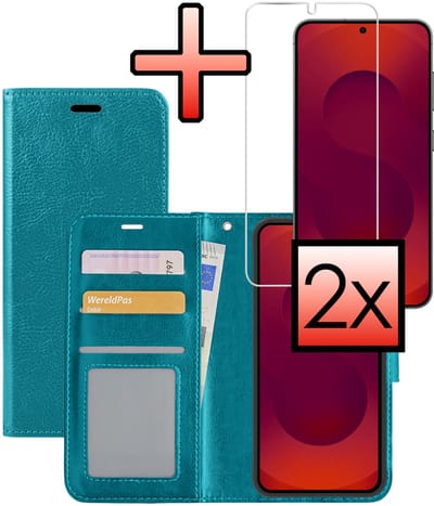 Hoesje - Met 2x Screenprotector - Geschikt voor Samsung Galaxy S25 Edge - Luxe Pasjeshouder - Bookcase Portemonee - Flip Case - Kunstleer Book Case - Flipcase Hoes - Book Cover - Walletcase - Portemonneehoes - Turquoise