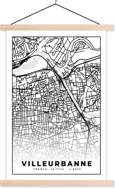 Posterhanger incl. Poster 40x60 cm - Schoolplaat - Frankrijk - Plattegrond - Villeurbanner - Stadskaart - Kaart - Zwart wit - Textielposter - Blanke latten - Stadskaart