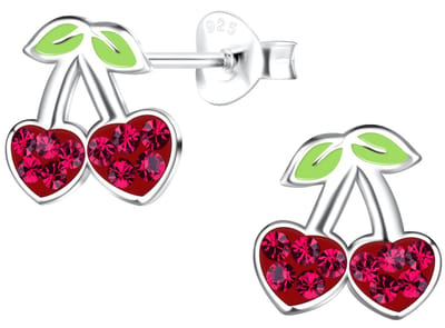 Joy|S - Zilveren kers oorbellen - 9 x 10 mm - rode hartjes - kristal - kinderoorbellen