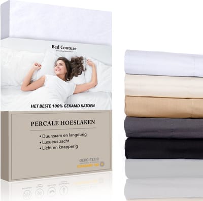 Bed Couture - Percale Hoeslaken van 100% hoogwaardig imperial weave Katoen - Eenpersoons 90x200cm - Hoekhoogte 30cm - Ultra zacht en soepel - Wit