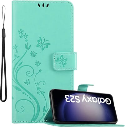 Cadorabo Hoesje geschikt voor Samsung Galaxy S23 in BLOEMEN TURKOOIS - Beschermhoes in bloemmotief met magnetische sluiting, standfunctie en kaartsleuven Book Case Cover Etui