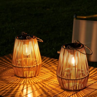 2-delige geweven solarverlichting - solar tuinverlichting - Solarlantaarn - solar buitenlamp - LED-tuinverlichting - Natuurlijke houtkleur - 15 x 15 x 29,5 cm - ABS/Rattan